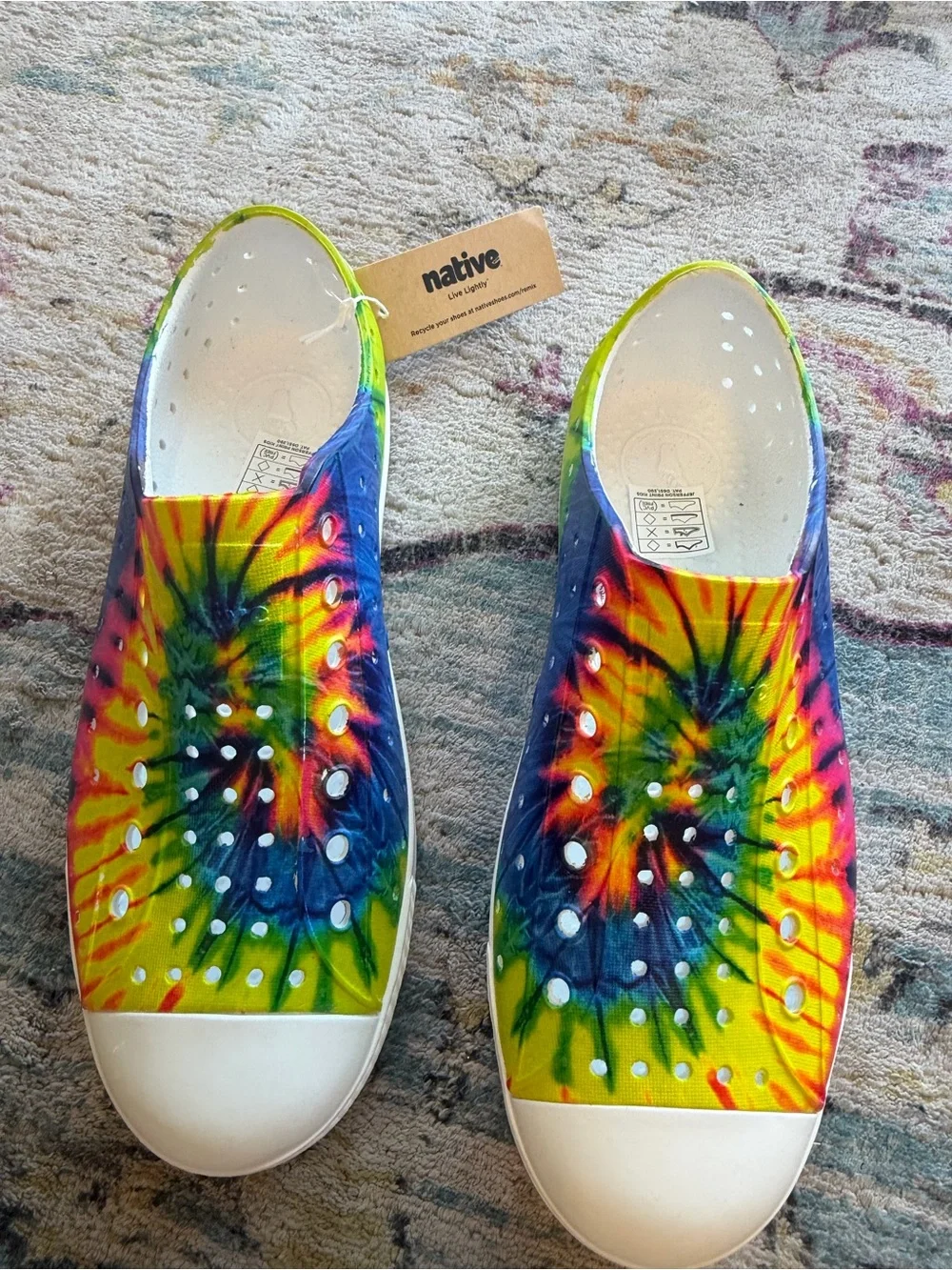 Native Jefferson Print Kids Junior 3 Neon Multi Tie Dye Slip On Shoes NWT